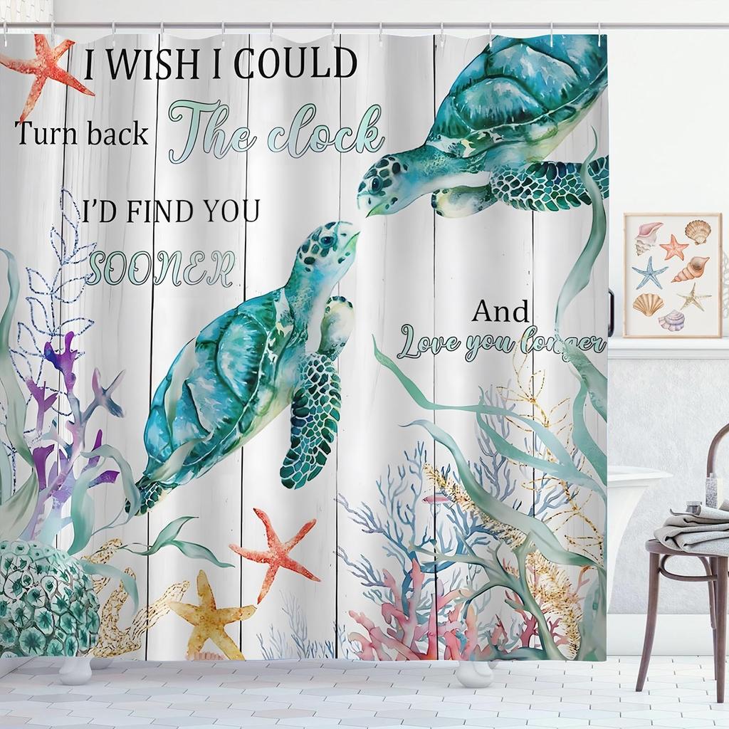 Coastal Turtle Shower Curtain Fish Coral Starfish Seashell Blue Ocean Beach Shower Curtains for Bathroom Waterproof Polyester Fa