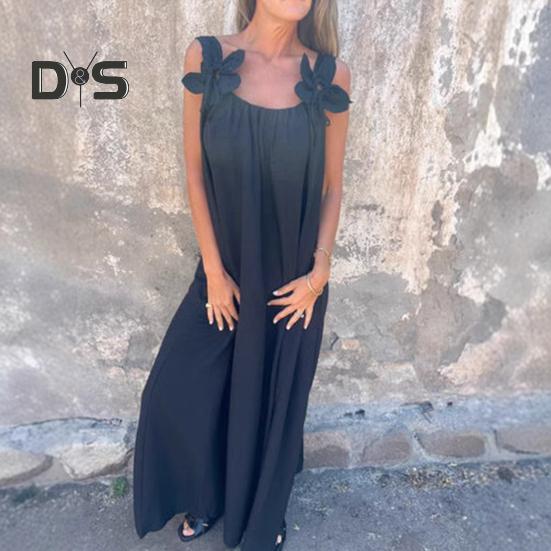 Damenkleid mit 3D-Rosendekor, Schultergurt, ärmellos, plissiertes Unterkleid, lockeres, einfarbiges, rückenfreies Maxikleid für Strandpartys und Verabredungen