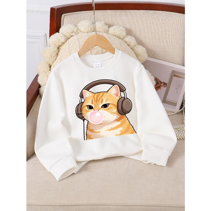 European sizes Girls Soft Crewneck Sweatshirt Cute Cat Wearing Headphones Blowing Bubble Gum, Casual All-Match, Ideal Holiday Present