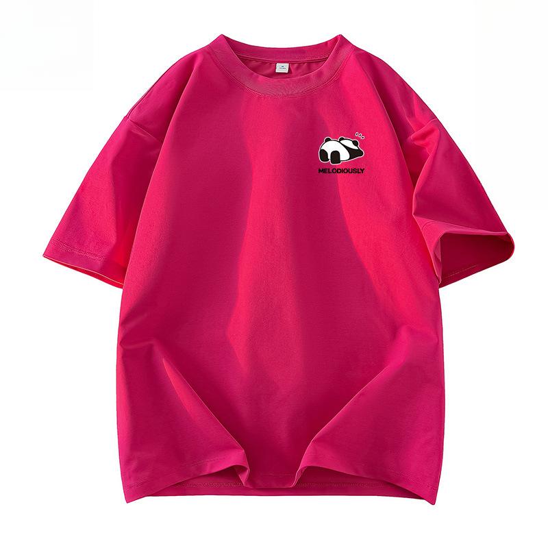 Sommerliches Baumwoll-T-Shirt mit lockerem Schnitt, Panda-Grafikdruck und Fünf-Minuten-Ärmeln