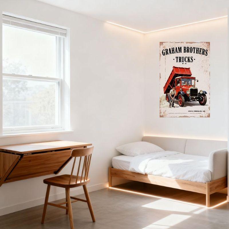 Vintage Graham Brothers Trucks Red Dump Truck Metal Tin Sign - Retro Industrial Art Wall Plaque for Garage Man Cave Home Bar Dec