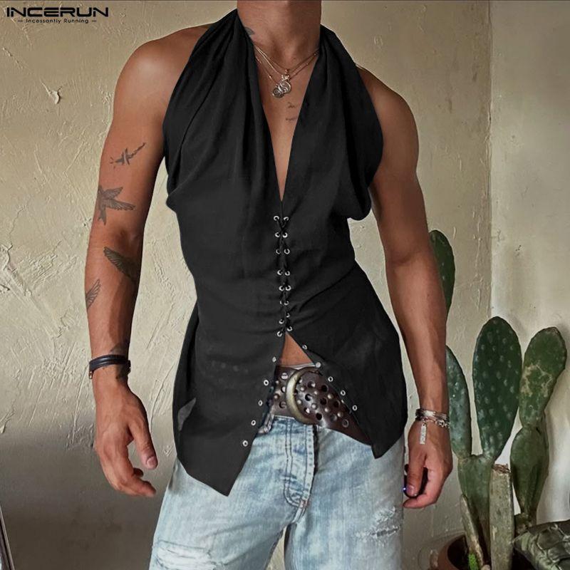 INCERUN Hauts de soirée basiques pour hommes, à col bénitier, sans manches, style bandage, dos nu, débardeurs