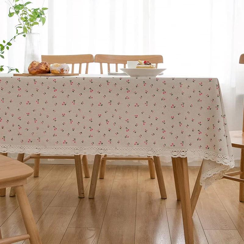 Blue Tablecloths Bohemian Floral Fabric Tassel Rectangle Dust-Proof for Home Decoration Kitchen Holiday Party Dining Table Cover