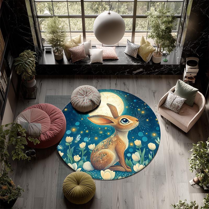 Flower Rabbit,Round Area Rug,Carpet Rug for Living Room Bedroom Sofa Playroom Decor,Non-slip Floor Mat