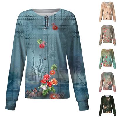 Women Long Sleeve  Print Pattern Pocket Working Stand-up Collar Single-breasted Protective Overalls Cardigan Jacket Top