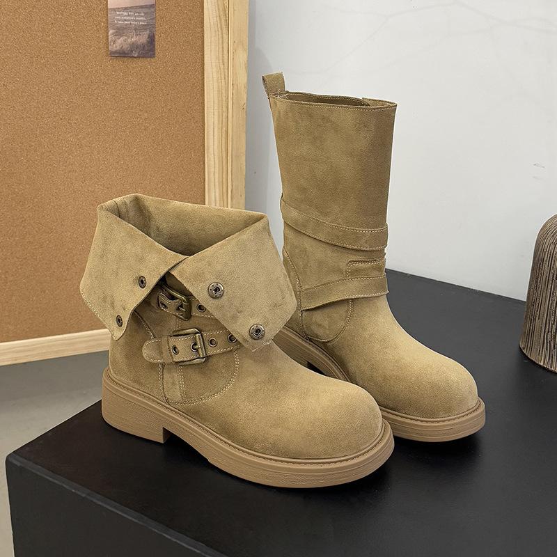 

Autumn and winter new European and American wind cow anti-velvet thick-soled locomotive boots round head belt buckle rivet middle heel short boots Mar 40 хаки
