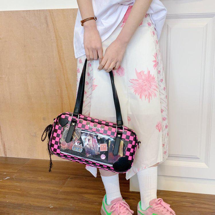 Japanese Kawaii Heart Plaid Ita Bag - Women's Transparent Crossbody with Pin Board