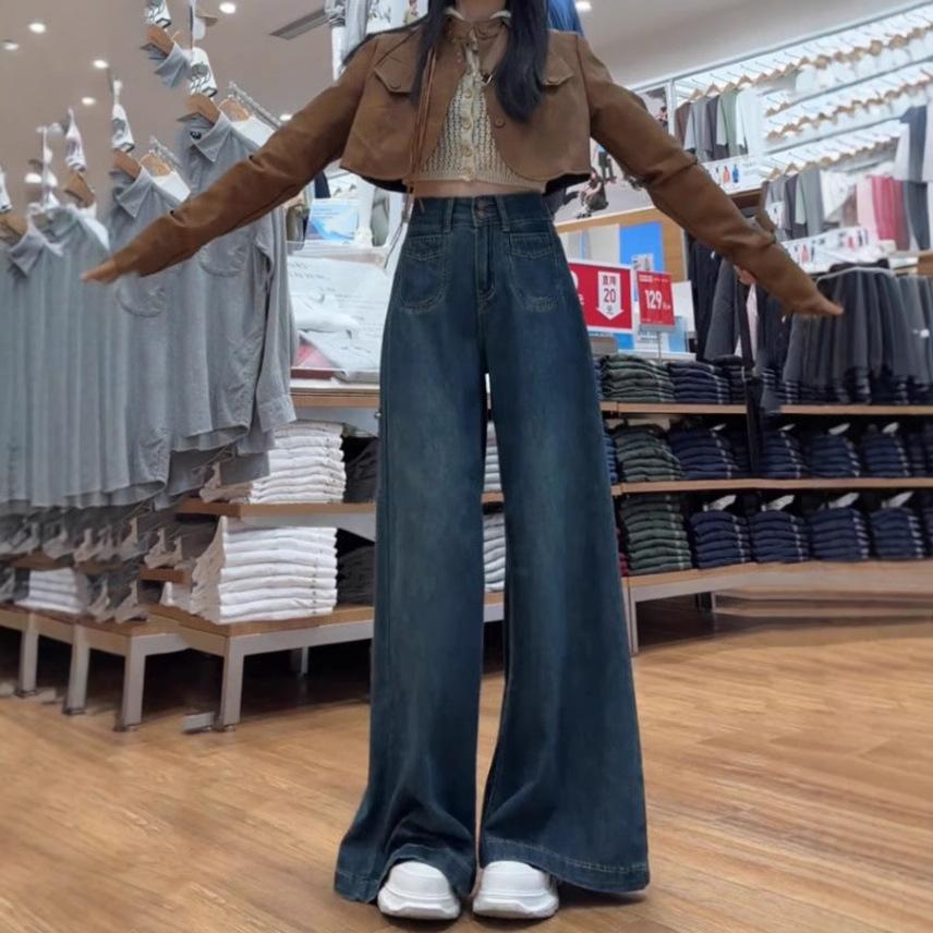 

Women s Plus Size Dark Blue Fleece-Lined Wide-Leg Jeans - Winter Warm, Relaxed Fit L