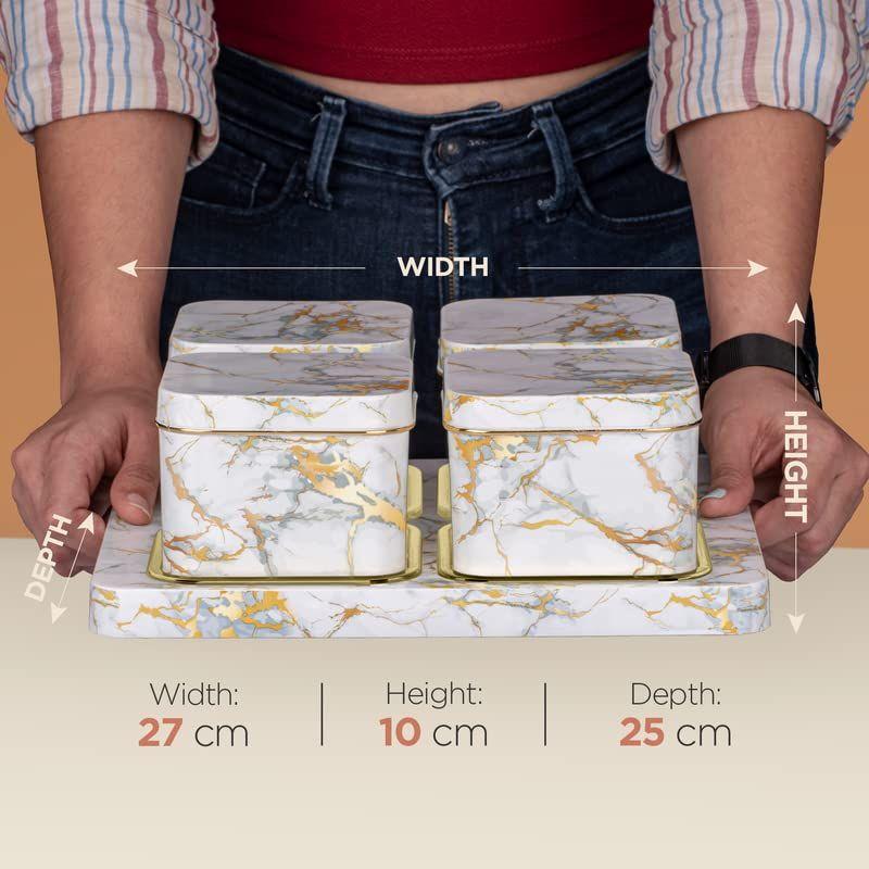 Container Tray Set with Lid & Serving Tray, Dry Fruit Box Set with Serving Tray for Serving Sweets, Chips, Cookies Other Snacks 4 Pieces, White