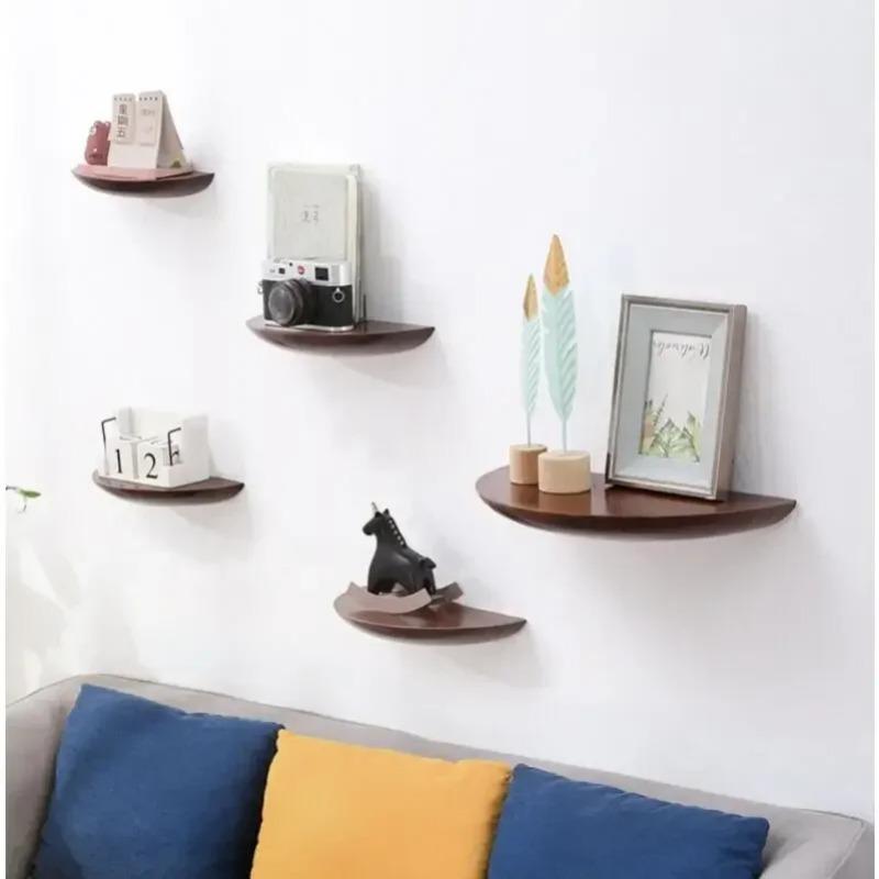 Nordic Style Wall Mounted Semicircular Wood Wall Storage Rack Background Wall Display Home Decoration Item Storage Organization