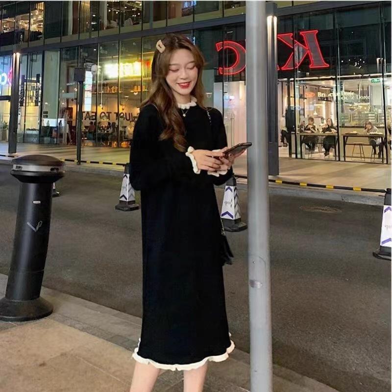 Coat with bottom sweater knitted dress small black long dress early autumn new women's clothing