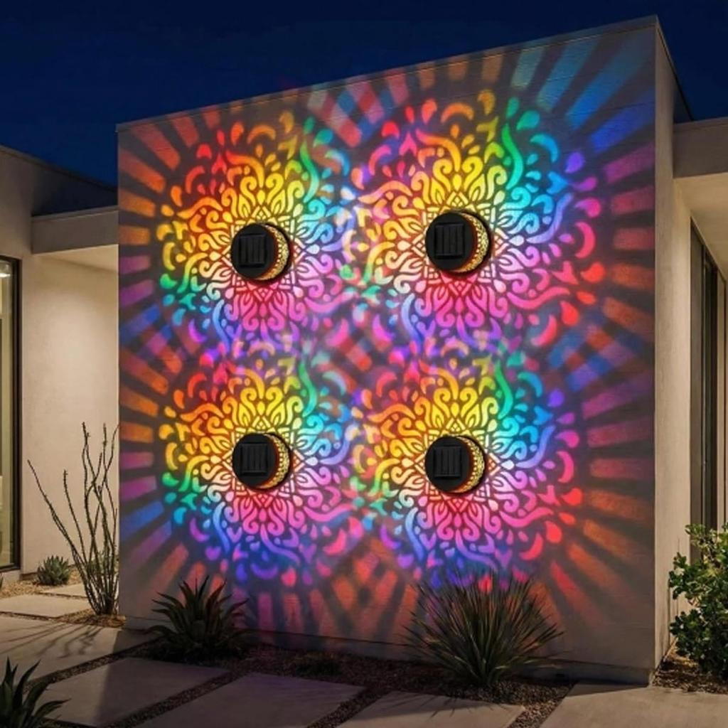 Seven‑Color Solar Mandala Wall Lights Outdoor Decorative Projection Lamp, Waterproof Metal Fence Light For Yard Garden Patio Backyard Post