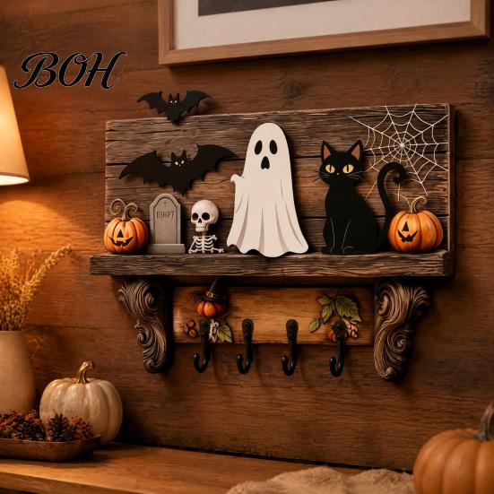 Functional Wooden Key Storage Halloween Holder, Lady Ghost Holder with 4 Hooks, Wall Home Decor Mounted Spooky Rack Organizer for Entryway Hallway