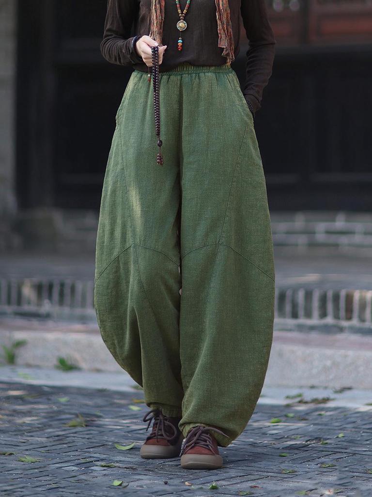 Women's Retro Ramie Sand-Washed Distressed Loose Lantern Pants for Meditation and Tai Chi