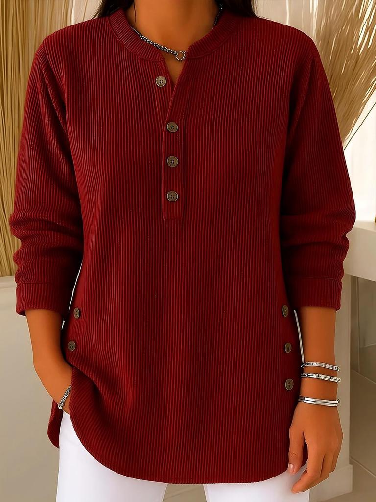 2025 Women's Loose V-Neck Corduroy Long Sleeve Top - Autumn/Winter Solid Color Casual Style