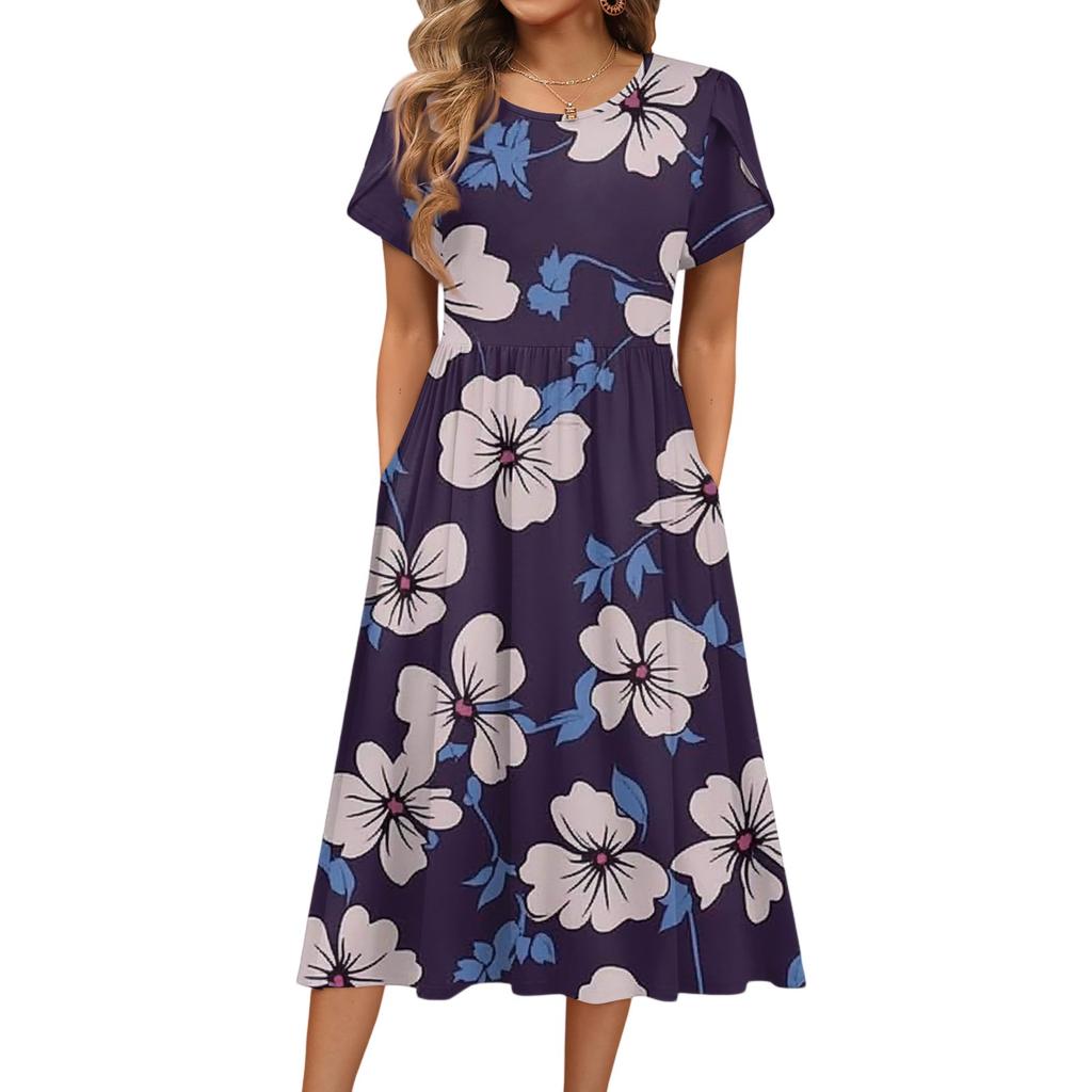 Women's Fashion Summer Round Neck Short Sleeve Floral Printed Beach Dresses