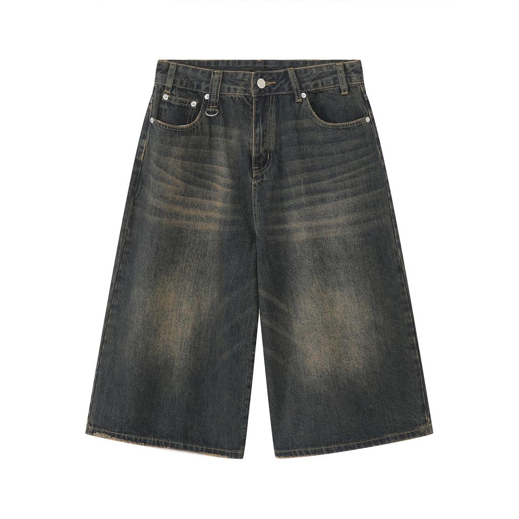 Summer American Retro Loose Small Man Distressed Cropped Denim High Street Design Sense Wide-leg 7-point Pants Summer