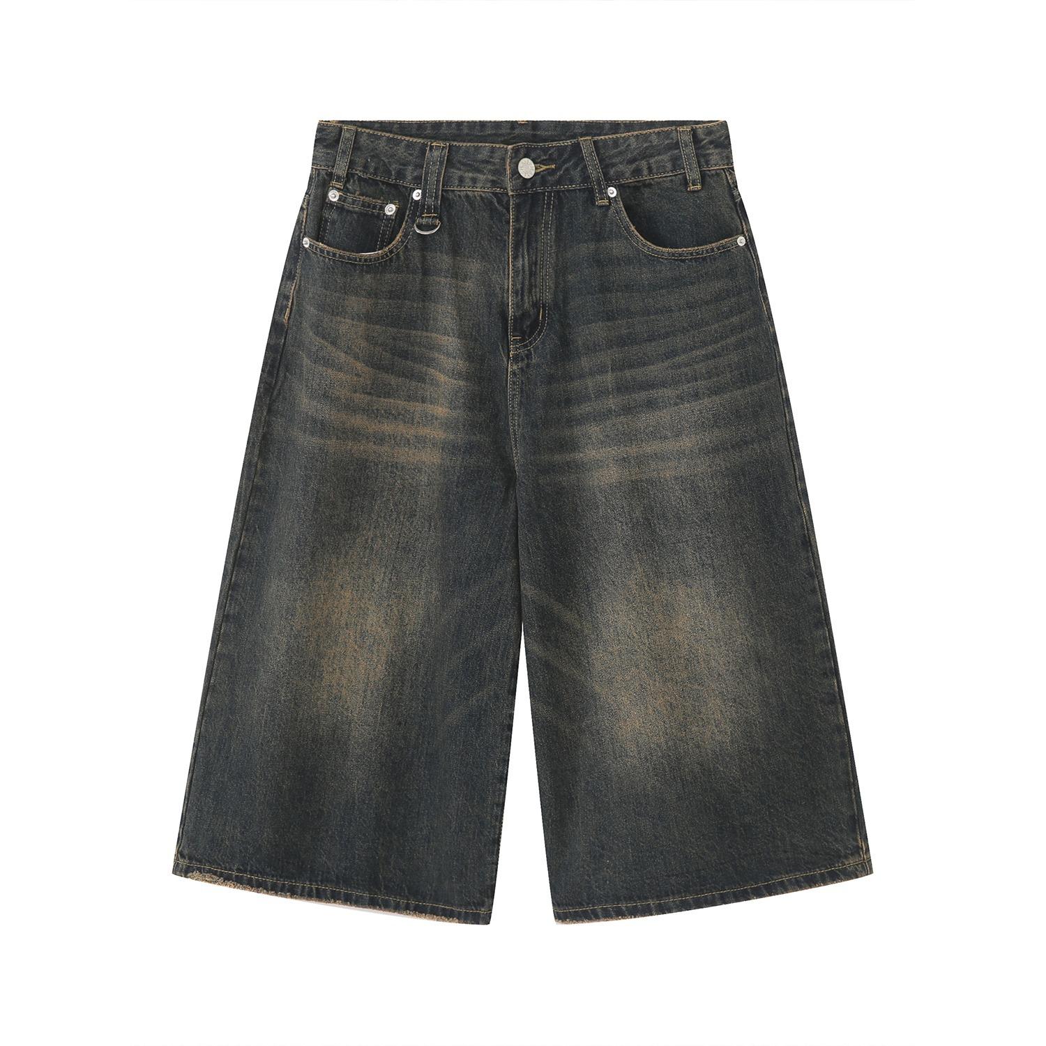 

Summer American retro loose small man distressed cropped denim high street design sense wide-leg 7-point pants summer 3XL
