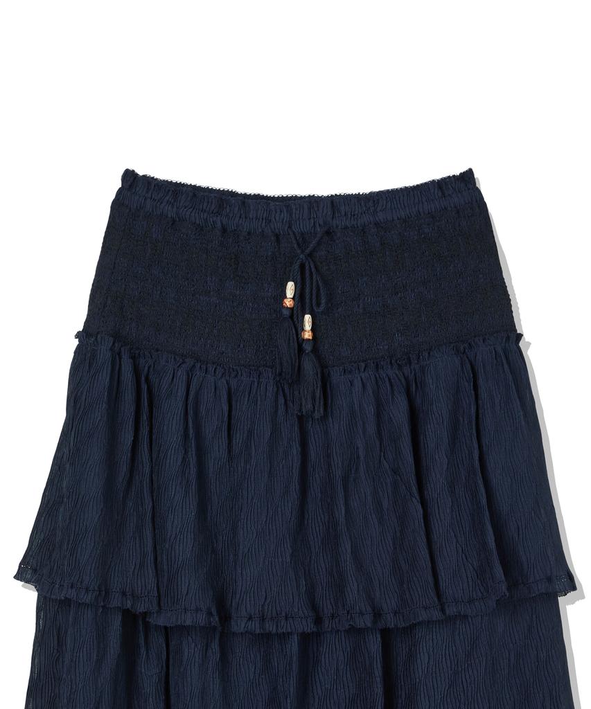 Penfield Crinkle Embroidered Smocking Tiered Skirt Navy_Fs2Ws30F