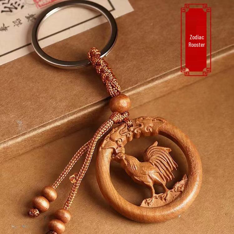 Peach Wood Zodiac Keychains: Year of the Dragon Pendant with Rat, Ox, Tiger Carvings - Carry-on Ornament Gift