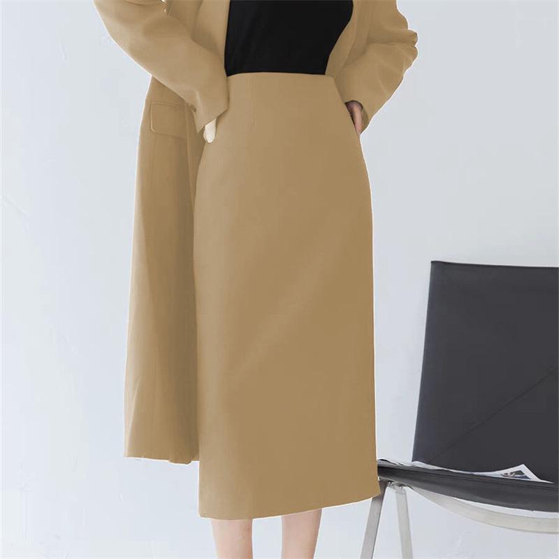 Women's Mid-Length Coffee-Colored A-Line High-Waisted Slit Skirt