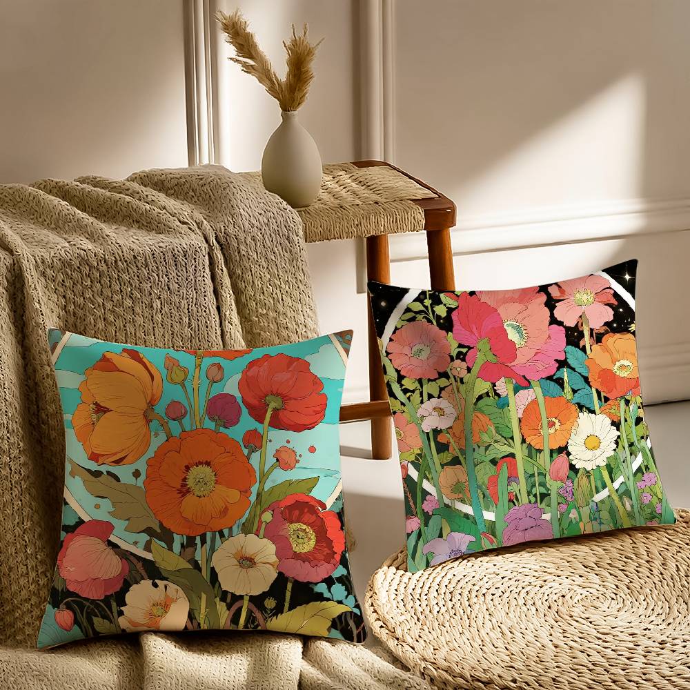 Painted Flowers Pillow Case Sofa and Living Room Decorative Cushion Covers Dust-proof and Mite-proof Invisible Zipper