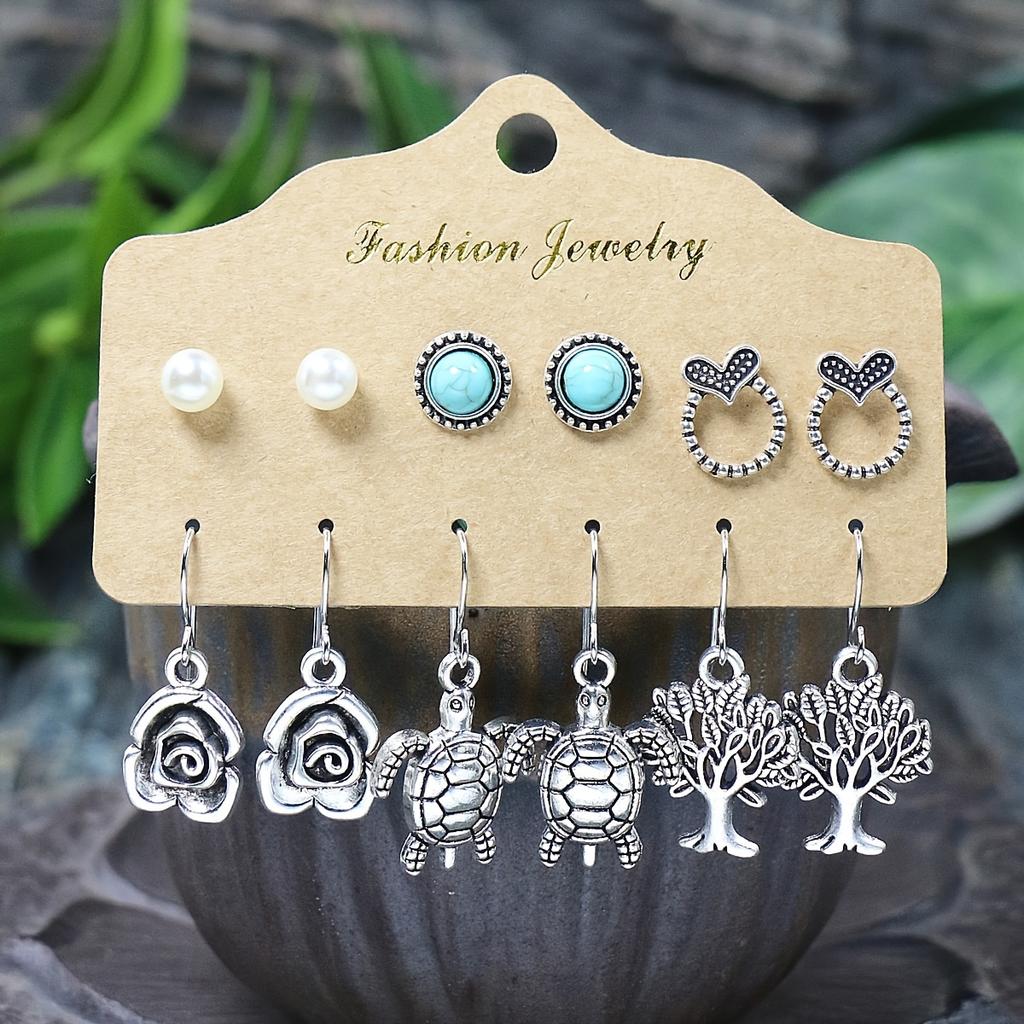 54 Pairs Of Boho Ethnic Style Earrings Ear Stud Combination Set Silver Color Geometric Turquoise Inlaid Party Decor Gifts