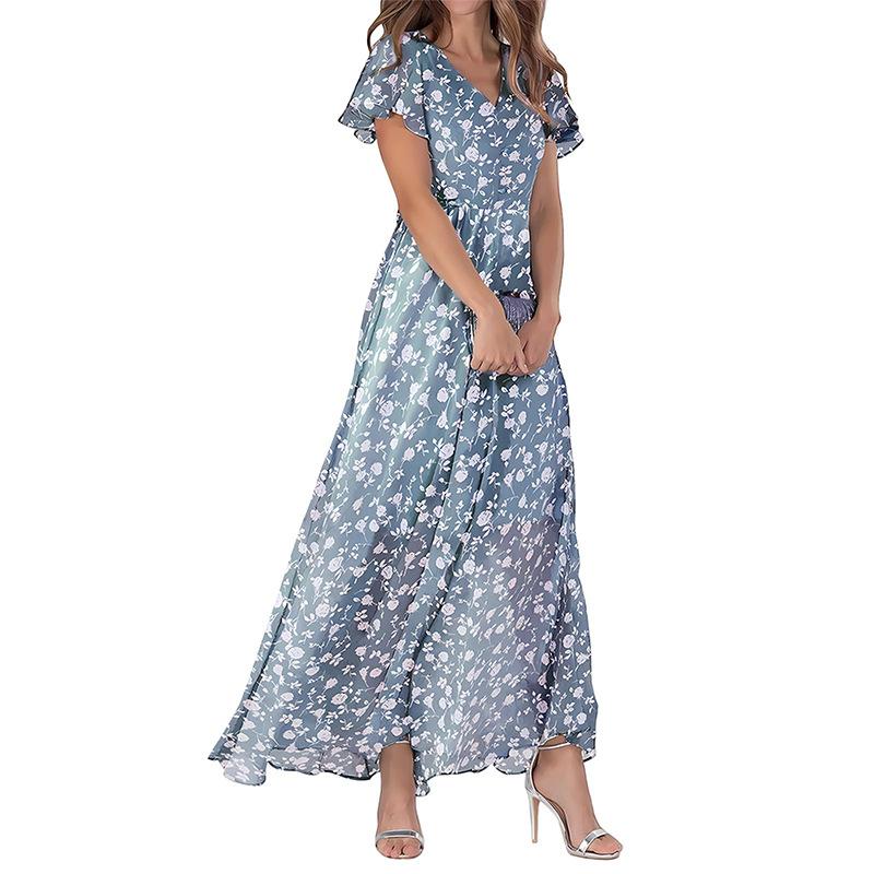 Summer new big pendulum long dress V-neck short-sleeved printed chiffon dress
