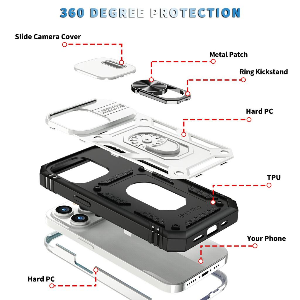 For iPhone 15 Pro Max Kickstand Case Card Holder PC+TPU Phone Cover with Sliding Camera Protection