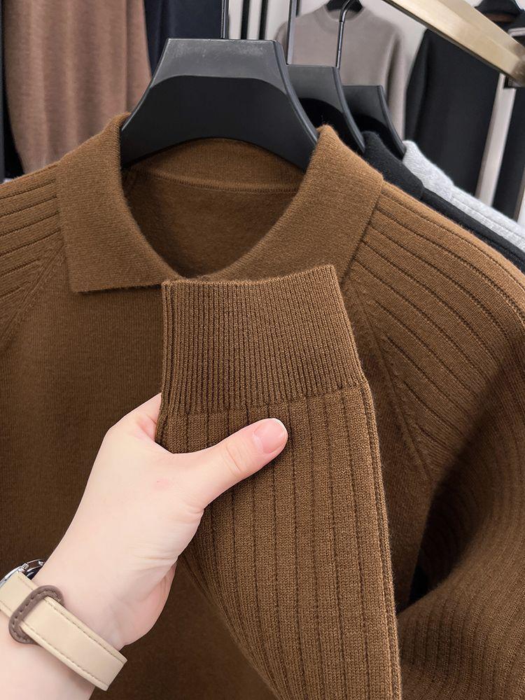 Solid Color Long Sleeve Polo Collar Wool Sweater