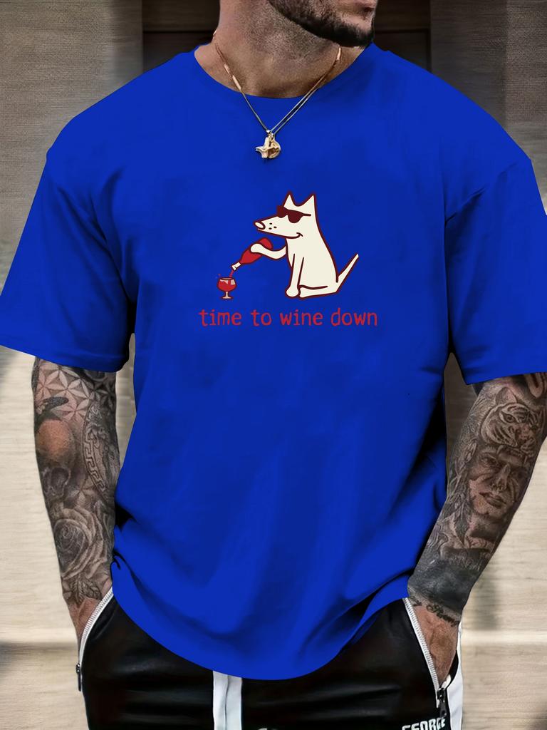 2025 New Hot Mens Summer Short Sleeve TShirt with Funny Dog Pouring Wine Time to Wine Down Print Casual Soft Cotton Tee