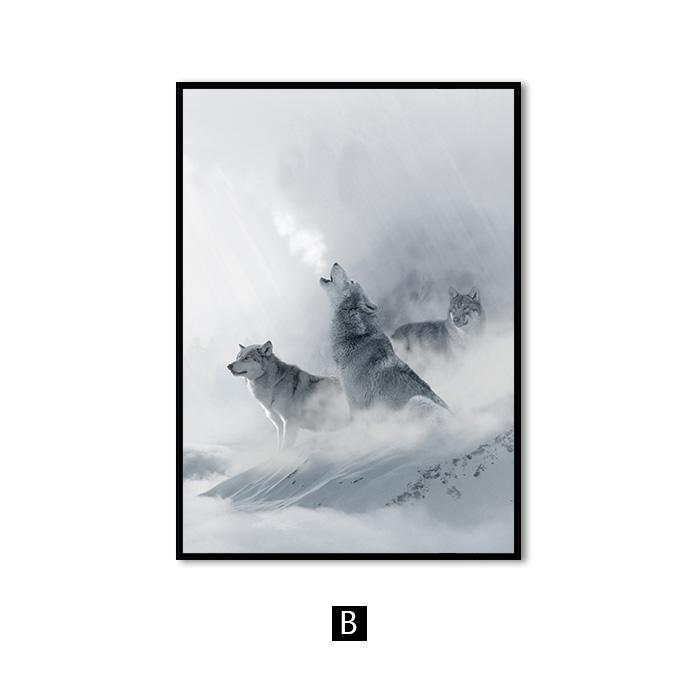 Nordic Black White Animal Poster Wolf Elk Wall Art Canvas Painting Forest Snow Mountain Print Picture for Living Room Home Decor