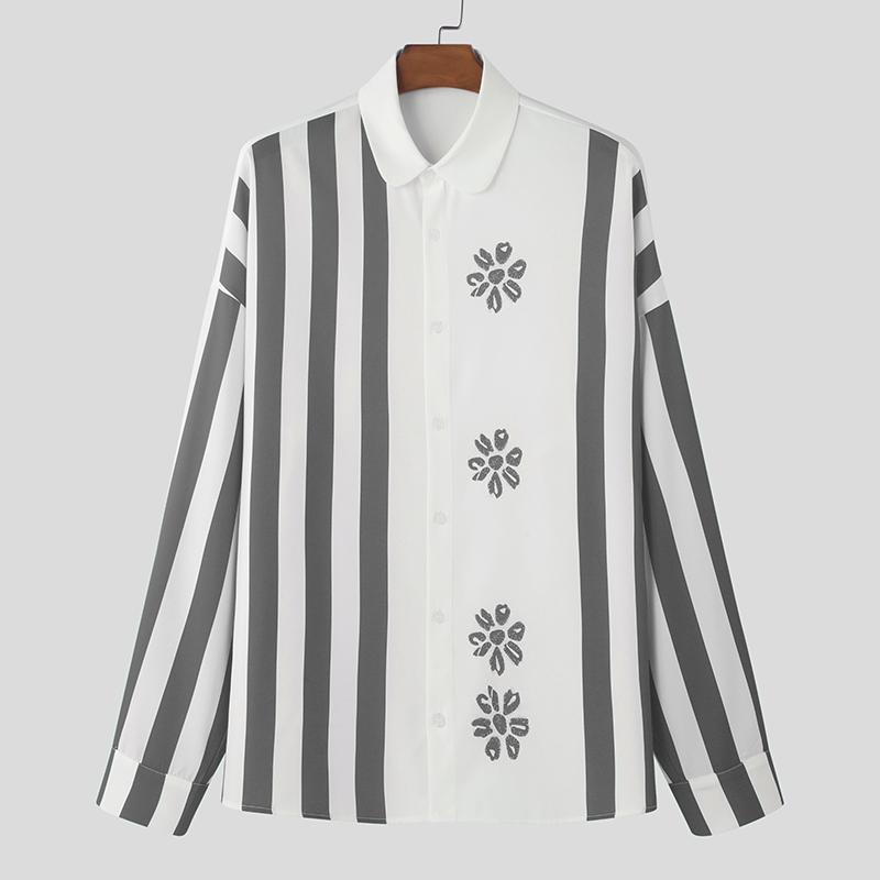 

INCERUN Весенние мужские рубашки с длинным рукавом в стиле пэчворк с цветочным принтом в полоску M серый