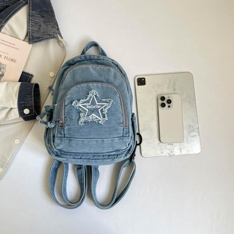 Bolso de Pecho de Mezclilla Gran Capacidad Bolso Cruzado para Mujer Viajero Múltiples Compartimentos Mochila de Estrella de Cinco Puntas