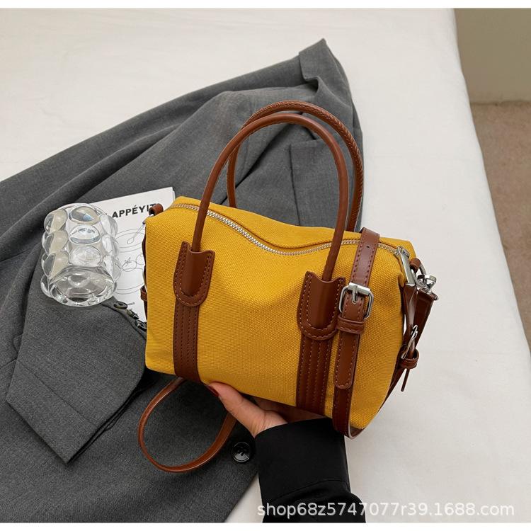 

2025 summer new canvas bag casual bowling bag fashion Boston bag retro shoulder bag portable messenger bag tide жёлтый