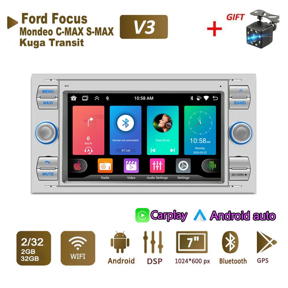 Car Radio Multimedia Player For Ford Focus 2007 Mondeo S-max C MAX Kuga Galaxy Fiesta Transit Fusion 2 Din Android Carplay GPS Autoradio 2+64GB