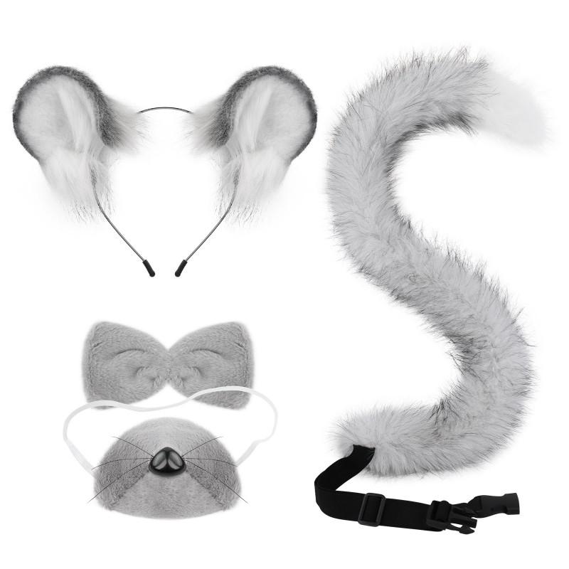 Handmade Plush Mouse Ears Headband With Tail Set Cosplay Animal Ear Costume Accessory Halloween Party