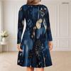 Women Plus Size V Neck Long Sleeve Blue Printed Curved Hem Dress