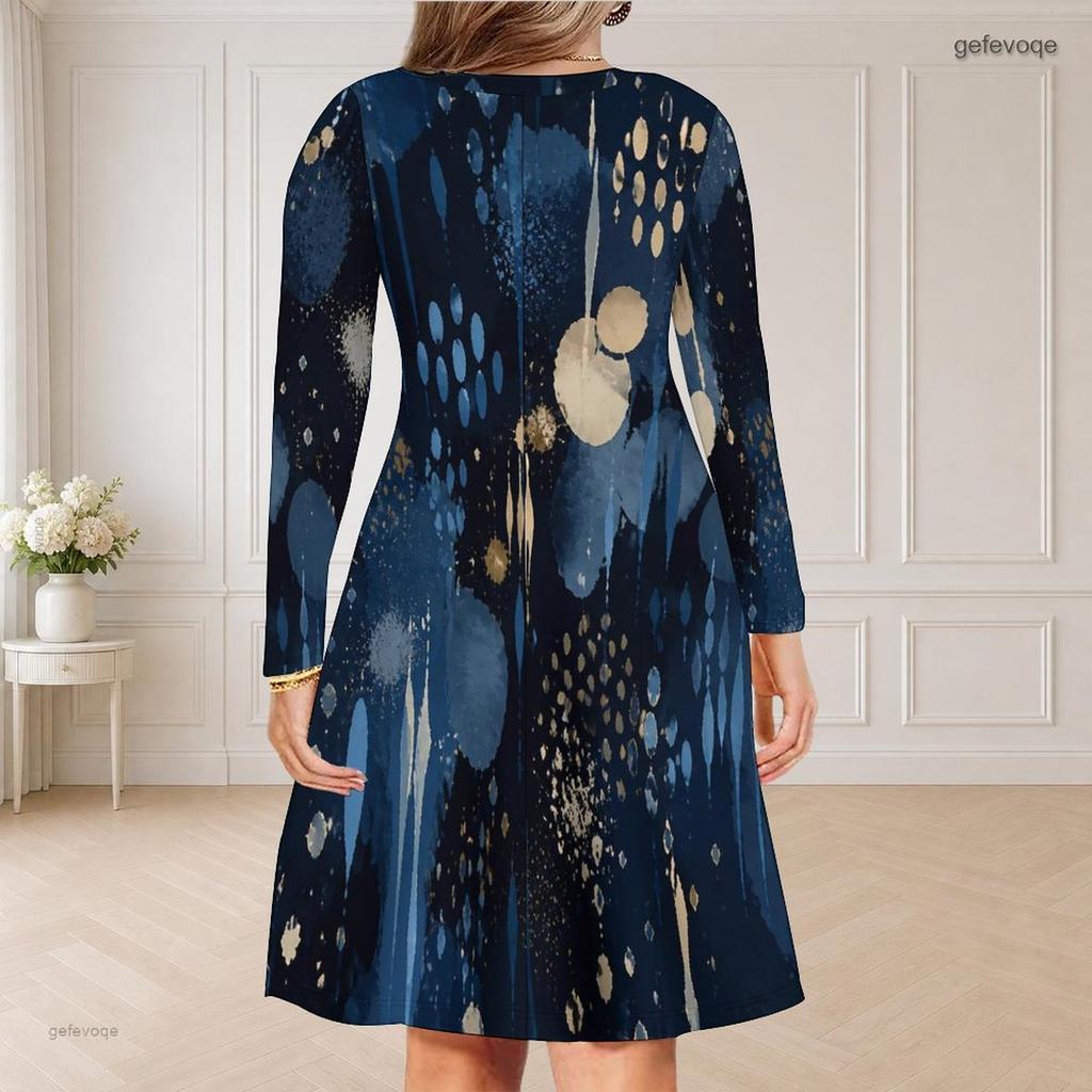 Women Plus Size V Neck Long Sleeve Blue Printed Curved Hem Dress