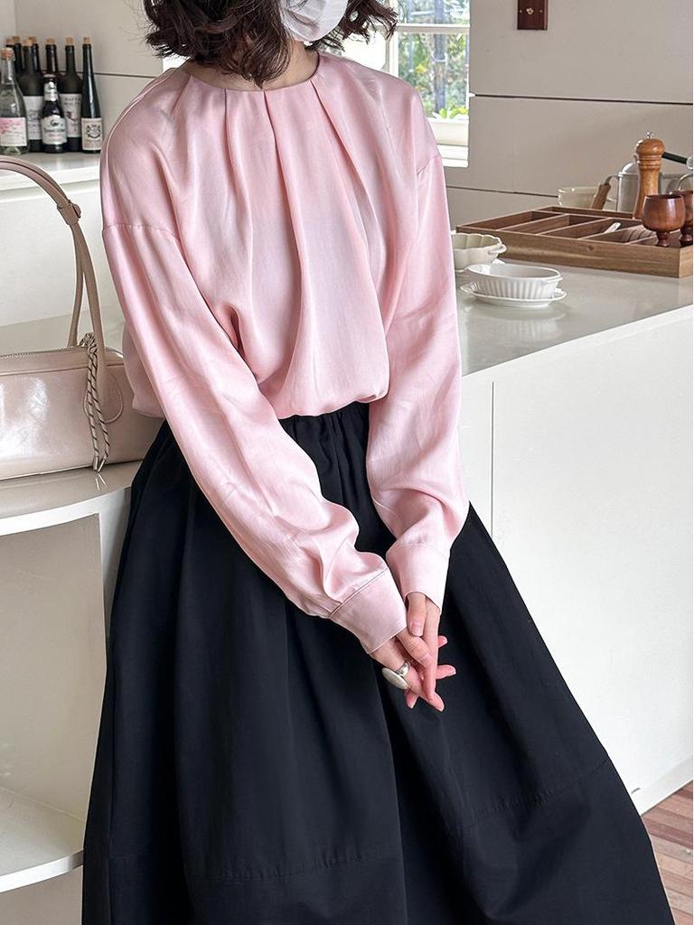 Juzhi Spring Korean Style Women's Tencel Long Sleeve Round Neck Shirt