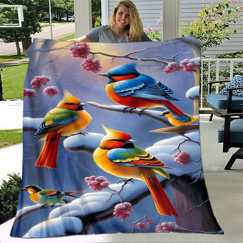 1pc Bird Printing Lightweight Flannel Blanket, Comfortable and Warm Blanket, for Camping Sofa Bed and Couch Office, Gift
