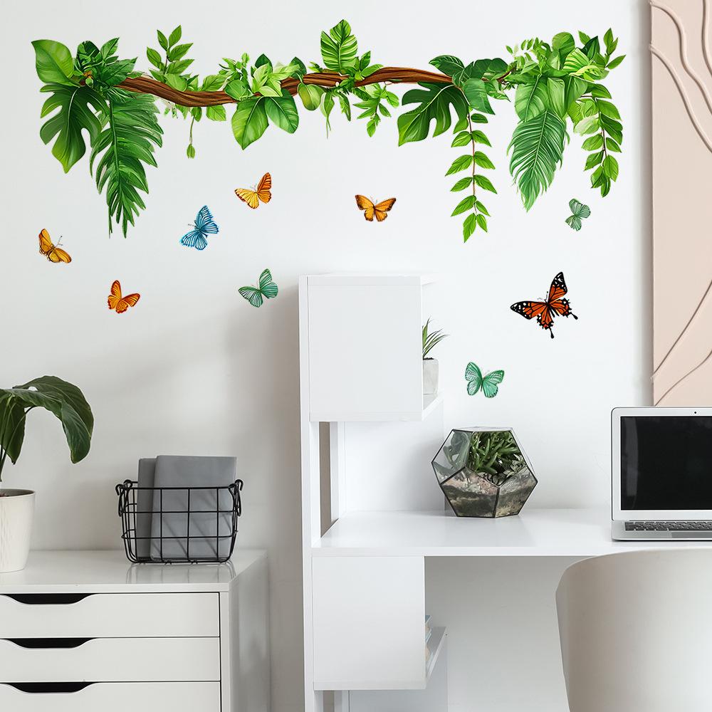 Hand-Painted Greenery and Butterfly Wall Sticker Nature-Inspired Elegant Self-Adhesive Removable Decor for Bedroom Living Room