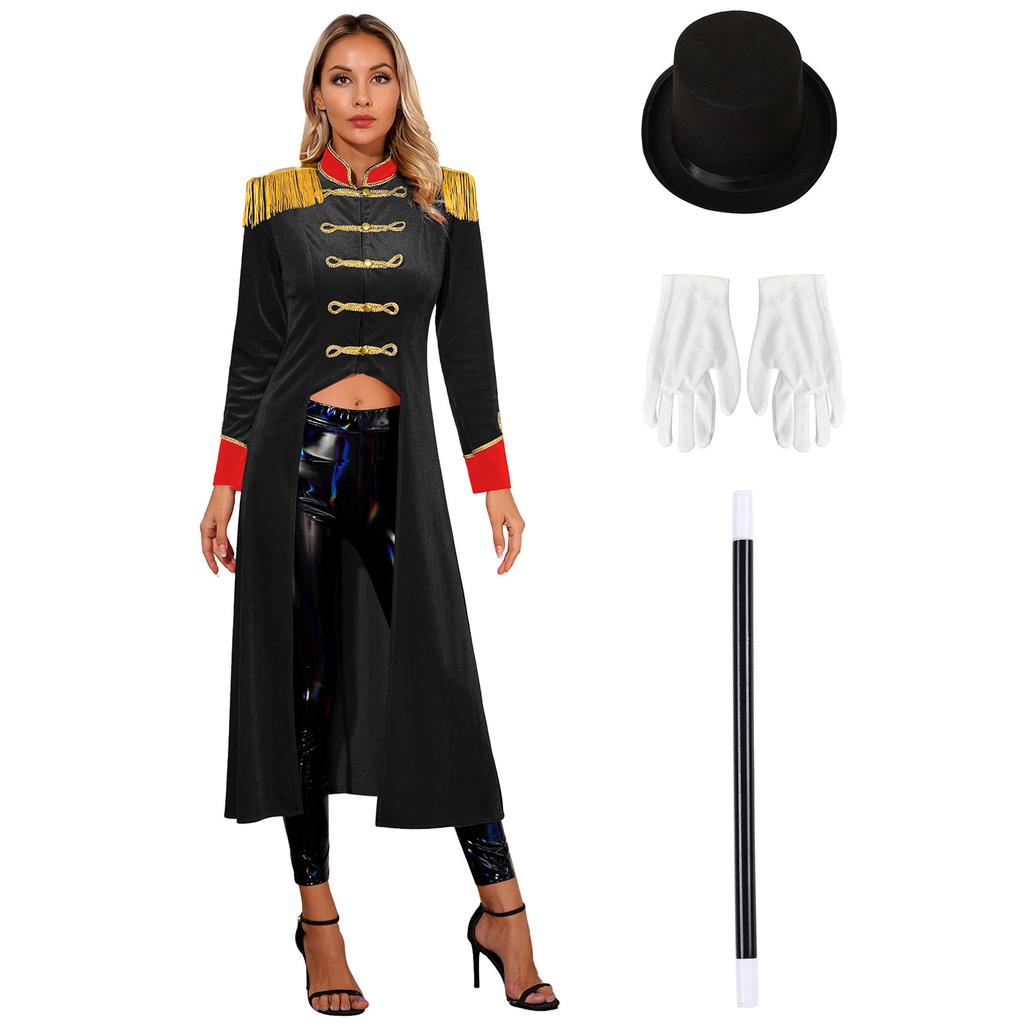 Costume da Domatore di Circo da Donna con Spallina a Frange Giacca Lunga di Velluto con Code e Cappello Bacchetta Guanti per Halloween Spettacolo di Magia