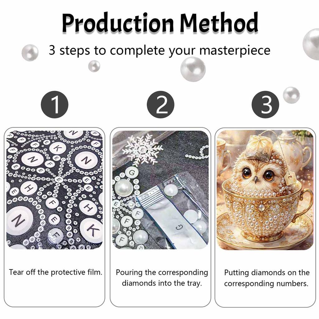 Pearl Painting Set 5D Pearl Mosaic Art Style Adorable Owl In Golden Tea Cup Home Wall Decoration.