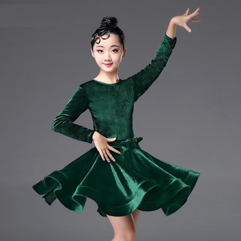 Latin Dance Dress Latin Dress Costume Kids Ballroom Costume for Girls Pleated Skirt Professional Long Sleeves Salsa Rumba Cha Ch