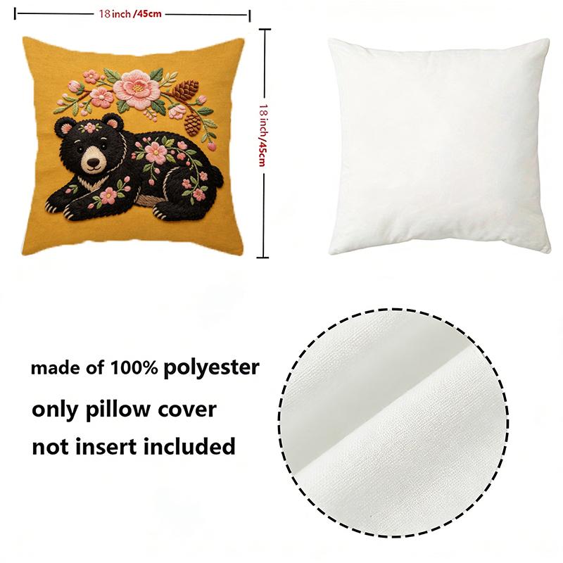 Floral Black Bear Embroidery Style Throw Pillow Covers Pattern Cushion Cover Suitable For Sofa Bedroom Car Pillow Cover