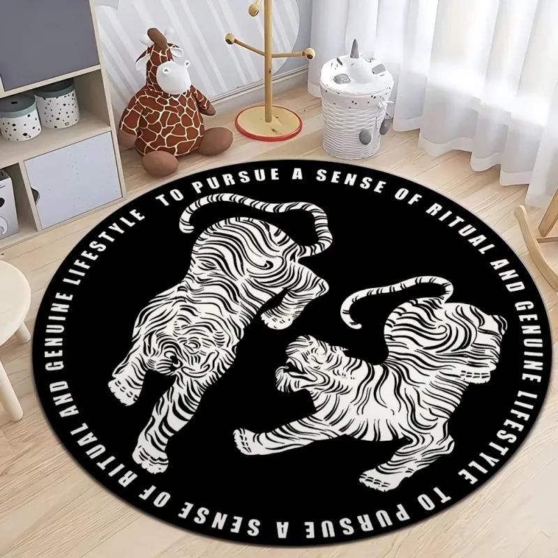 Retro Lions Print Round Area Rugs Anti-slip Carpets for Living Room Kitchen Bedroom Sofa Doormat Kids Floor Mat Gift Decor