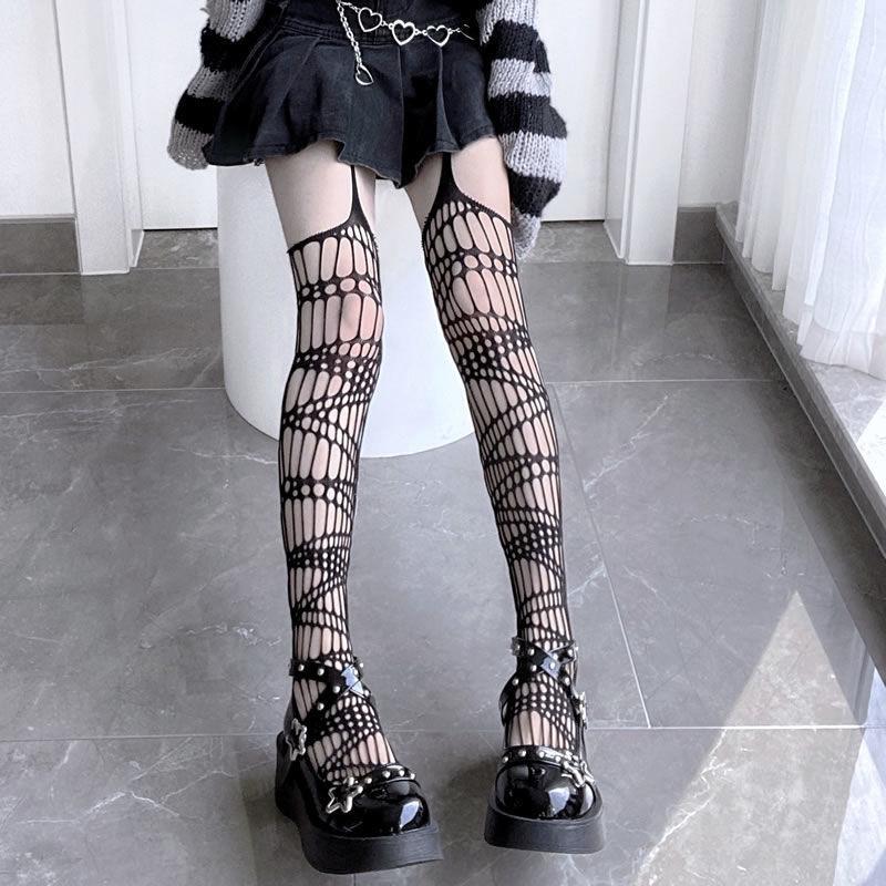 Vintage Black Silk Suspender Fishnet Stockings - Slim, Ripped Over-the-Knee for Spring & Autumn