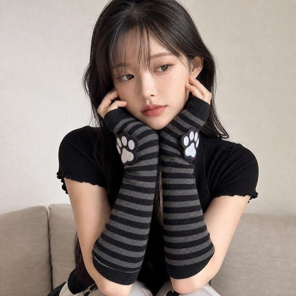 Black Arm Cover Striped Pattern Sleeves Gloves Cute Cat Claw Fingerless Gloves  for Women