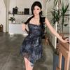 Summer Tie-dye Chic Suspender Dress Female Pure Desire Style Hottie Cross Backless Sexy Irregular Floral Skirt